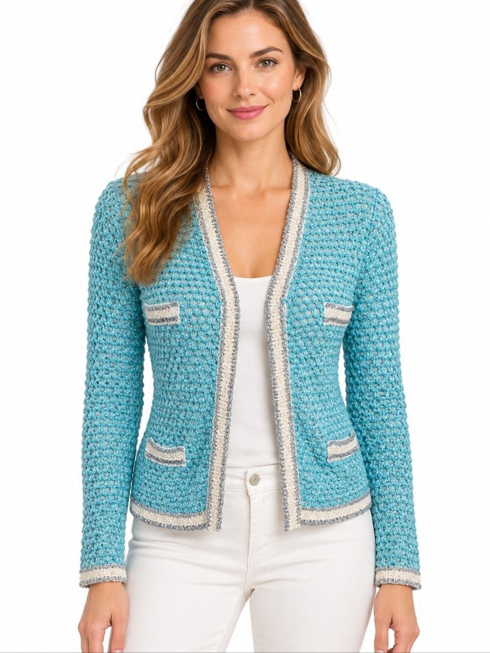 NWT macrame knit Leshop women's silver metallic tone sweater cardigan blue S/P